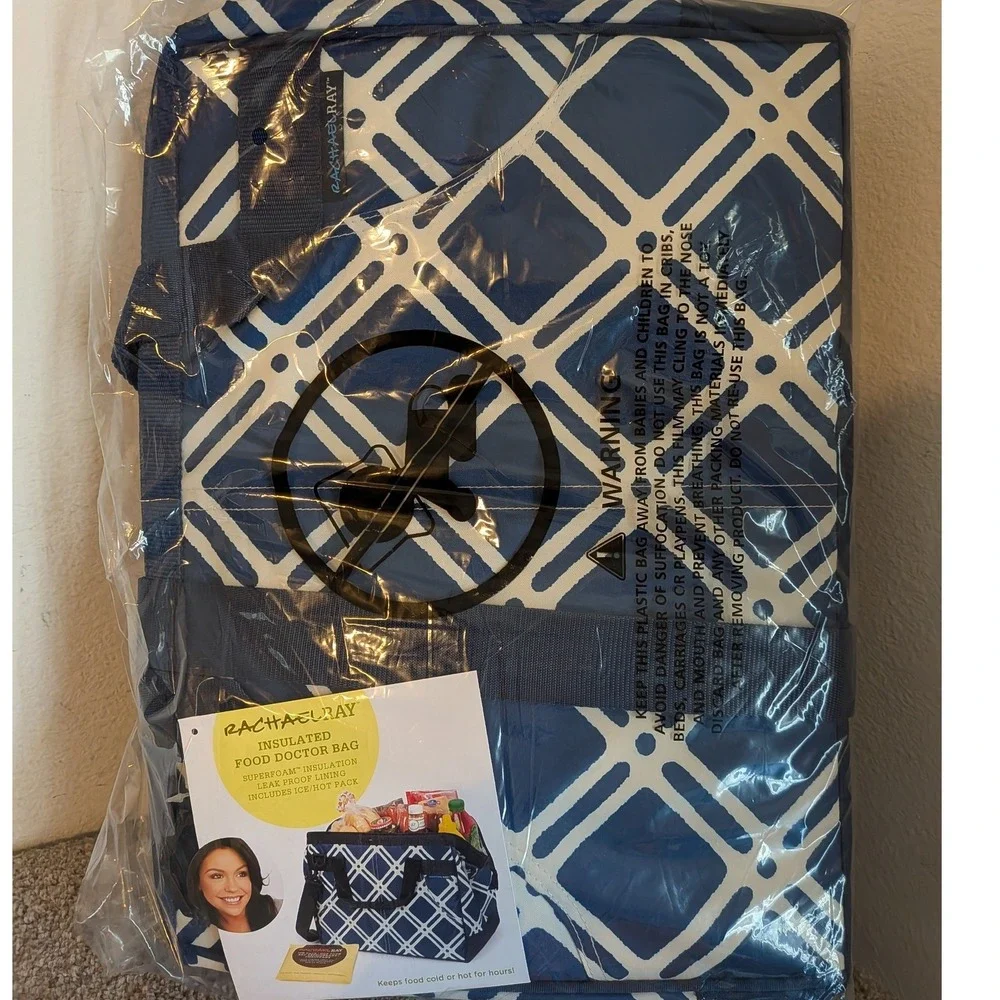 Rachael Ray Insulated Food Doctor Bag Navy Blue Geometric Cooler Tote with Strap